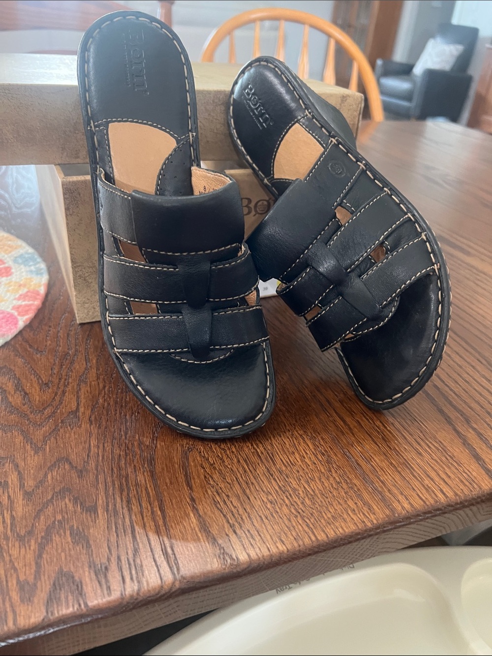 Born Black Leather women’s wedge slip on sandals